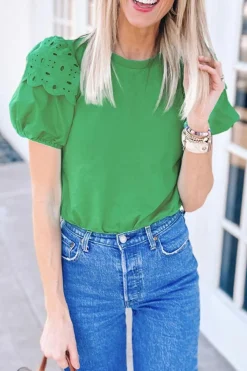 Discount Dear-Lover Anglaise Embroidered Puff Short Sleeve Top Bright Green