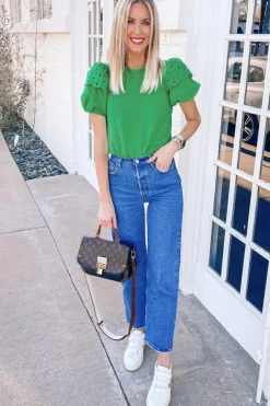 Discount Dear-Lover Anglaise Embroidered Puff Short Sleeve Top Bright Green