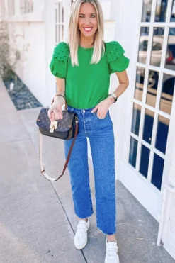 Discount Dear-Lover Anglaise Embroidered Puff Short Sleeve Top Bright Green