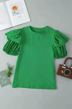 Discount Dear-Lover Anglaise Embroidered Puff Short Sleeve Top Bright Green