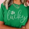 Clearance Dear-Lover Ceramic Rhinestone Lucky Clover Graphic Tee Bright Green