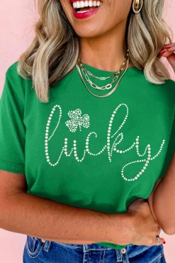 Clearance Dear-Lover Ceramic Rhinestone Lucky Clover Graphic Tee Bright Green