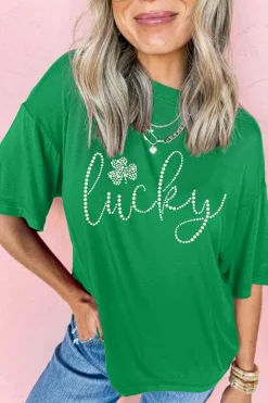 Clearance Dear-Lover Ceramic Rhinestone Lucky Clover Graphic Tee Bright Green