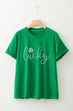 Clearance Dear-Lover Ceramic Rhinestone Lucky Clover Graphic Tee Bright Green