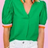 Fashion Dear-Lover Colorful Trim V Neck Short Sleeve Blouse Bright Green