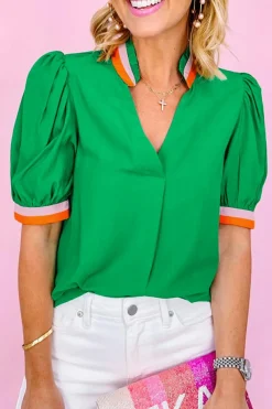 Fashion Dear-Lover Colorful Trim V Neck Short Sleeve Blouse Bright Green