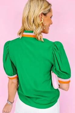 Fashion Dear-Lover Colorful Trim V Neck Short Sleeve Blouse Bright Green