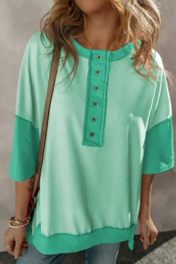 Outlet Dear-Lover Contrast Color Patchwork Half Button T Shirt Bright Green