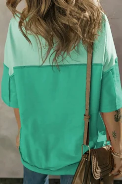 Outlet Dear-Lover Contrast Color Patchwork Half Button T Shirt Bright Green