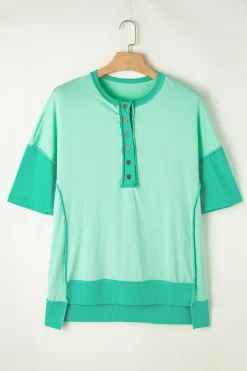 Outlet Dear-Lover Contrast Color Patchwork Half Button T Shirt Bright Green