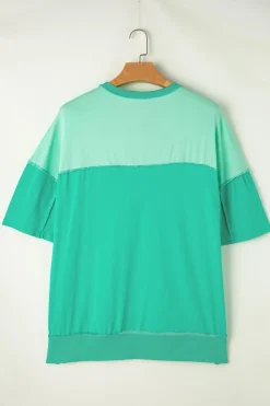 Outlet Dear-Lover Contrast Color Patchwork Half Button T Shirt Bright Green