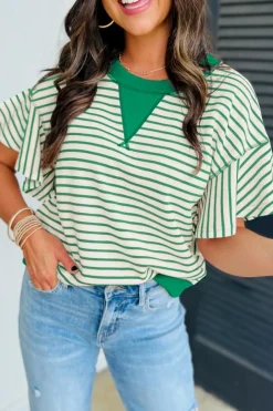 Outlet Dear-Lover Contrast Detail Striped Ruffle Short Sleeve Top Bright Green