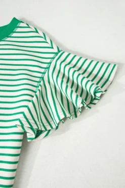 Outlet Dear-Lover Contrast Detail Striped Ruffle Short Sleeve Top Bright Green