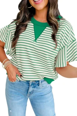 Outlet Dear-Lover Contrast Detail Striped Ruffle Short Sleeve Top Bright Green