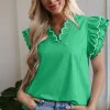 Hot Dear-Lover Contrast Scallop Trim Layered Short Sleeve V Neck Blouse Bright Green
