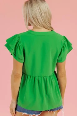 Fashion Dear-Lover Double Ruffle Sleeve Split V Neck Peplum Blouse Bright Green