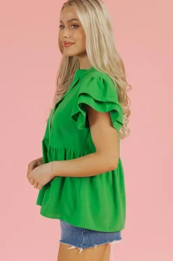 Fashion Dear-Lover Double Ruffle Sleeve Split V Neck Peplum Blouse Bright Green