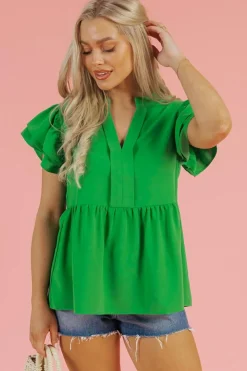 Fashion Dear-Lover Double Ruffle Sleeve Split V Neck Peplum Blouse Bright Green