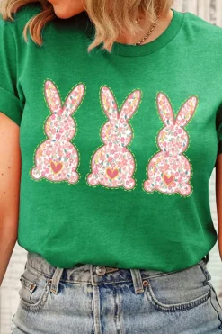 Discount Dear-Lover Easter Floral Rabbit Print Crew Neck T Shirt Bright Green
