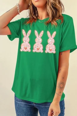Discount Dear-Lover Easter Floral Rabbit Print Crew Neck T Shirt Bright Green
