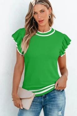 Clearance Dear-Lover Edge Piping Ruffled Sleeve Round Neck Knit T Shirt Bright Green