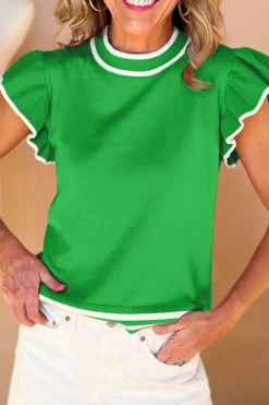 Clearance Dear-Lover Edge Piping Ruffled Sleeve Round Neck Knit T Shirt Bright Green