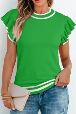 Clearance Dear-Lover Edge Piping Ruffled Sleeve Round Neck Knit T Shirt Bright Green