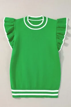 Clearance Dear-Lover Edge Piping Ruffled Sleeve Round Neck Knit T Shirt Bright Green