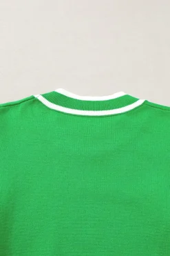 Clearance Dear-Lover Edge Piping Ruffled Sleeve Round Neck Knit T Shirt Bright Green