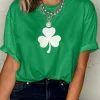 Sale Dear-Lover Embroidered Clover Pattern St Patrick Tee Bright Green