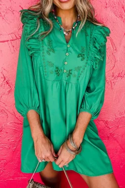 Outlet Dear-Lover Embroidered Ruffled Trim 3/4 Sleeve V Neck Mini Dress Bright Green