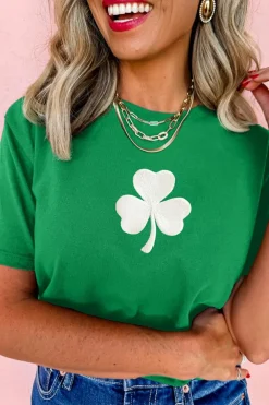 Sale Dear-Lover Embroidered Clover Pattern St Patrick Tee Bright Green