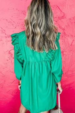 Outlet Dear-Lover Embroidered Ruffled Trim 3/4 Sleeve V Neck Mini Dress Bright Green