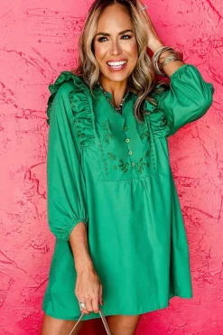 Outlet Dear-Lover Embroidered Ruffled Trim 3/4 Sleeve V Neck Mini Dress Bright Green