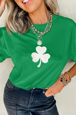 Sale Dear-Lover Embroidered Clover Pattern St Patrick Tee Bright Green