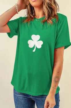 Sale Dear-Lover Embroidered Clover Pattern St Patrick Tee Bright Green