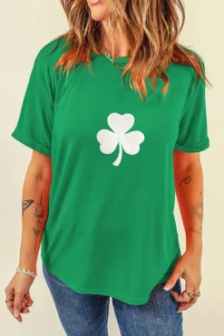 Sale Dear-Lover Embroidered Clover Pattern St Patrick Tee Bright Green
