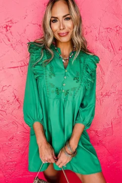 Outlet Dear-Lover Embroidered Ruffled Trim 3/4 Sleeve V Neck Mini Dress Bright Green