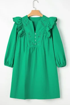 Outlet Dear-Lover Embroidered Ruffled Trim 3/4 Sleeve V Neck Mini Dress Bright Green