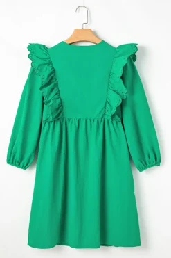 Outlet Dear-Lover Embroidered Ruffled Trim 3/4 Sleeve V Neck Mini Dress Bright Green
