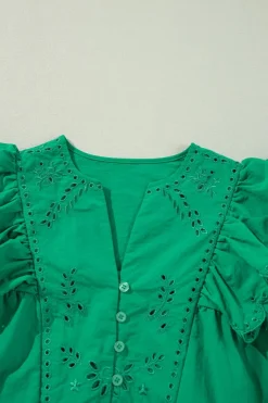 Outlet Dear-Lover Embroidered Ruffled Trim 3/4 Sleeve V Neck Mini Dress Bright Green