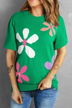 Best Dear-Lover Floral Bubble Short Sleeve Sweater Bright Green