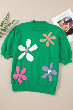 Best Dear-Lover Floral Bubble Short Sleeve Sweater Bright Green