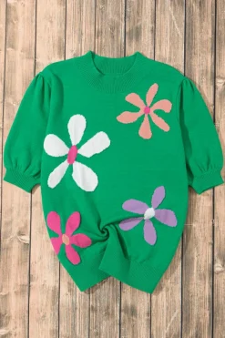 Best Dear-Lover Floral Bubble Short Sleeve Sweater Bright Green