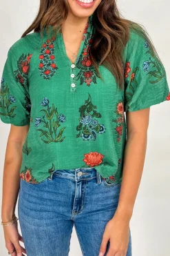 Fashion Dear-Lover Floral Print Buttoned V Neck Short Sleeve Blouse Bright Green