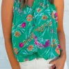 Sale Dear-Lover Floral Print Buttoned Neckline Tank Top Bright Green