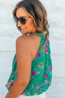 Sale Dear-Lover Floral Print Buttoned Neckline Tank Top Bright Green