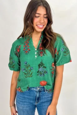 Fashion Dear-Lover Floral Print Buttoned V Neck Short Sleeve Blouse Bright Green