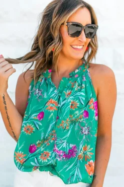 Sale Dear-Lover Floral Print Buttoned Neckline Tank Top Bright Green