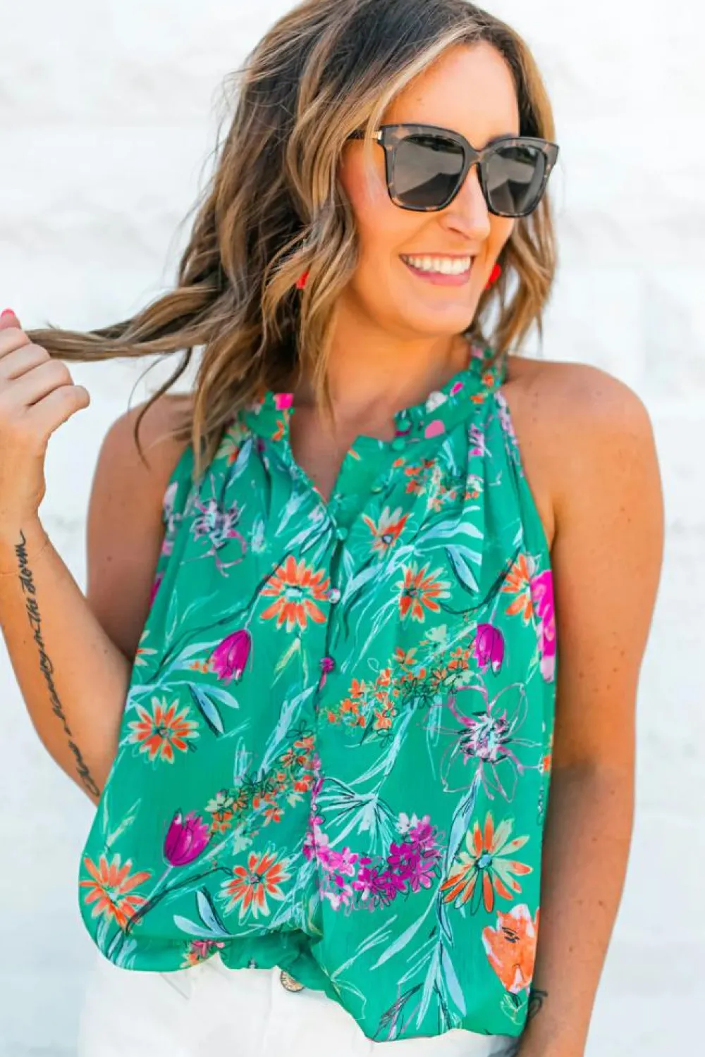 Sale Dear-Lover Floral Print Buttoned Neckline Tank Top Bright Green